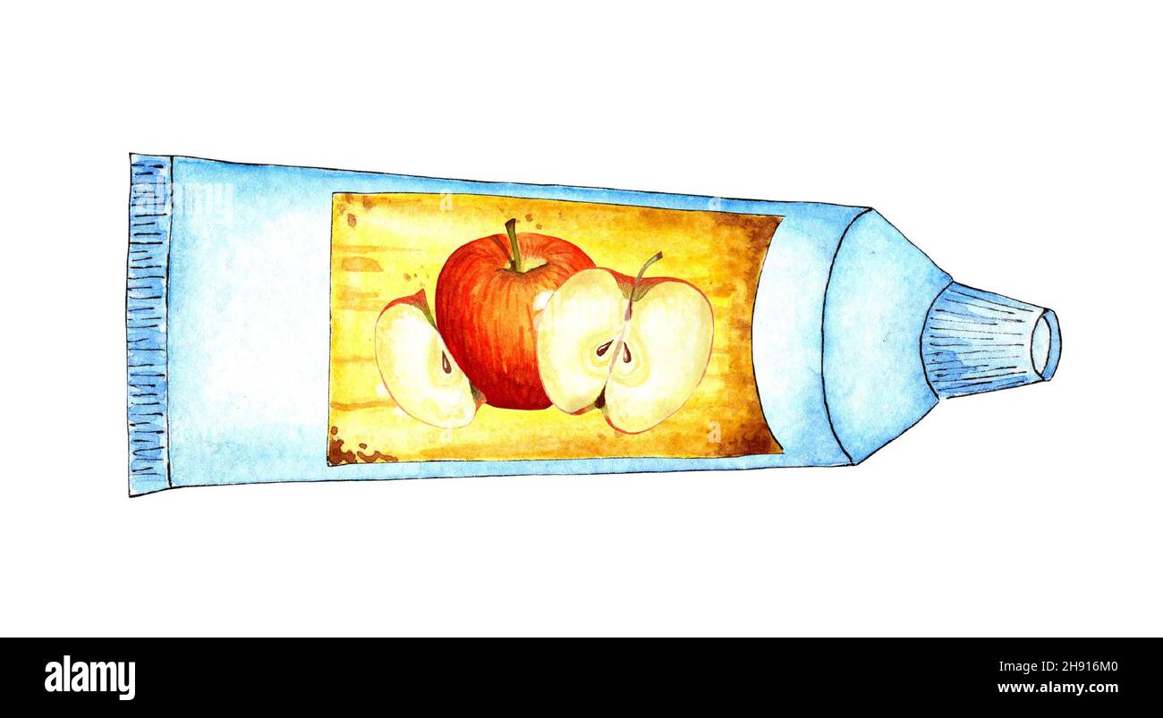 Aquarelle illustration d'un tube blanc avec une étiquette jaune et une pomme dessus.La nourriture de l'espace, nourriture pour les astronautes, est en gravité zéro.Applique dans un t Banque D'Images