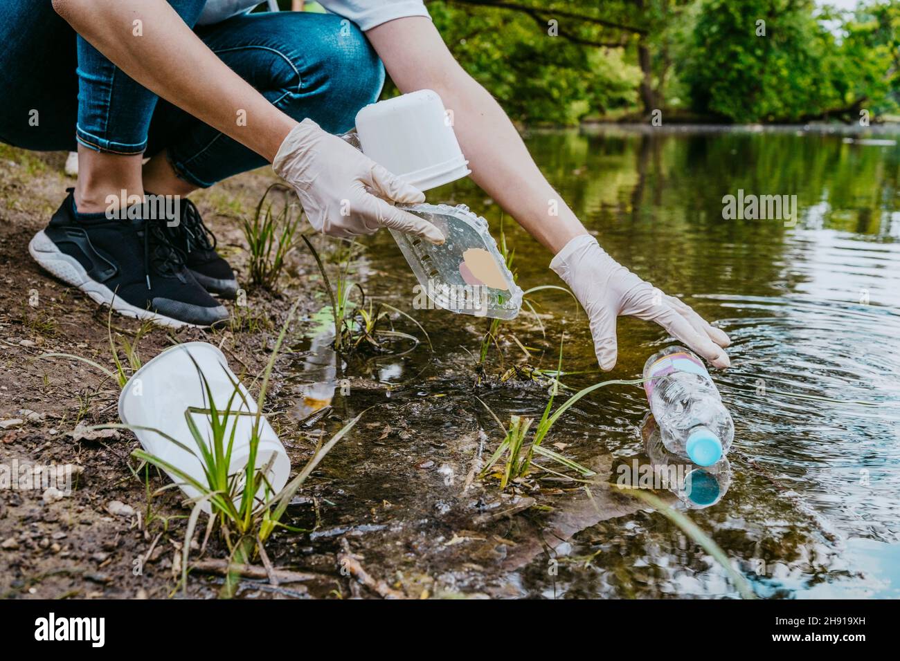 Faible section de femmes bénévoles nettoyant les déchets de plastique de l'étang au parc Banque D'Images