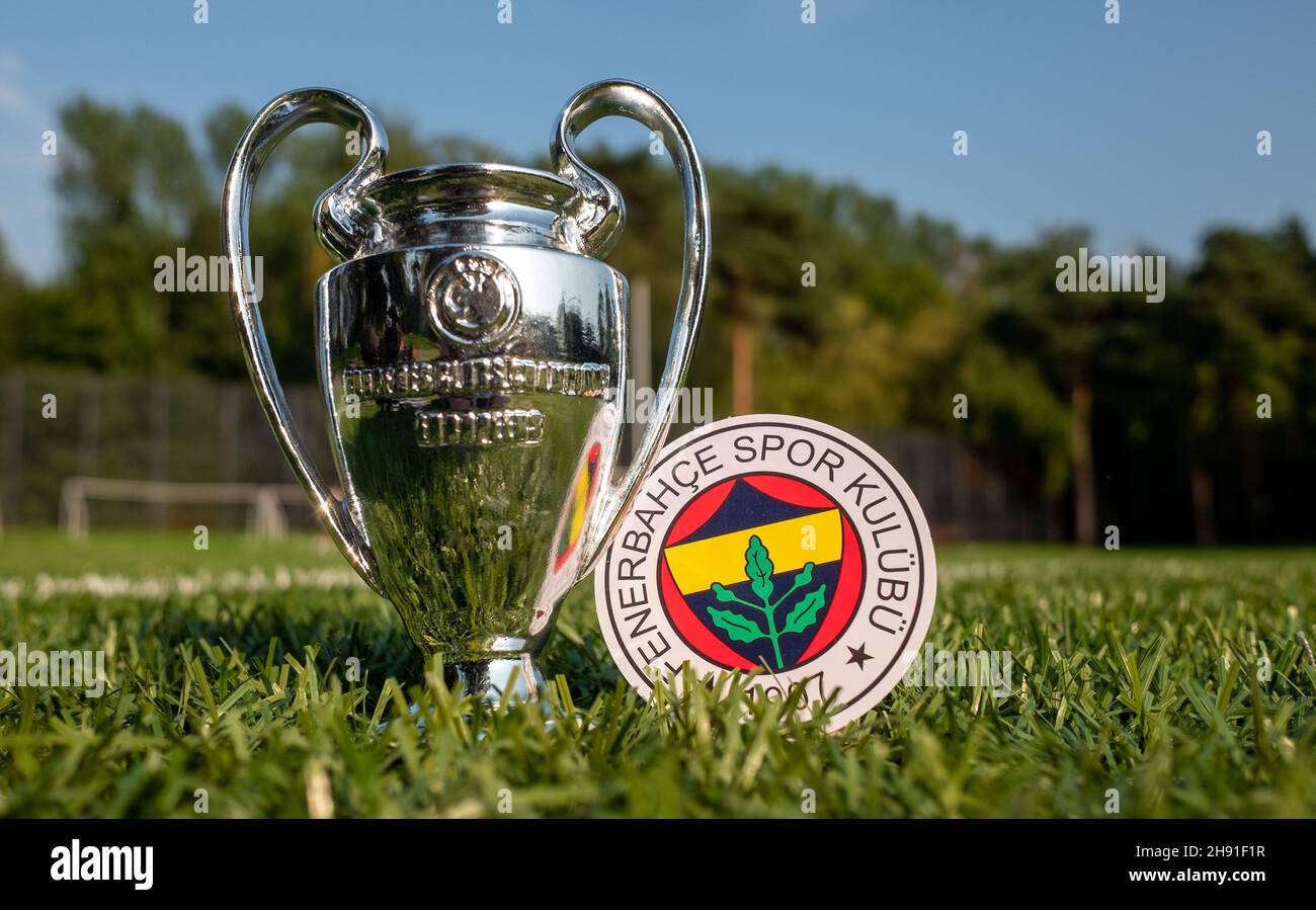 30 août 2021, Istanbul, Turquie.L'emblème du club de football Fenerbahce S.K. et de la coupe de la Ligue des champions de l'UEFA sur un terrain vert. Banque D'Images