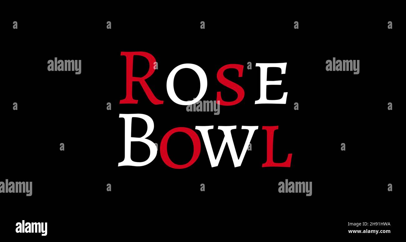 Gros plan du texte rose Bowl en lettres majuscules rouges et blanches sur fond noir Banque D'Images
