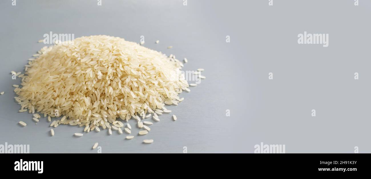 Baner.Riz blanchi à grain long blanc sur fond gris.Concept alimentaire végétalien.Les plats de riz sont cuits dans tous les pays du monde.Céréales populaires.Se Banque D'Images