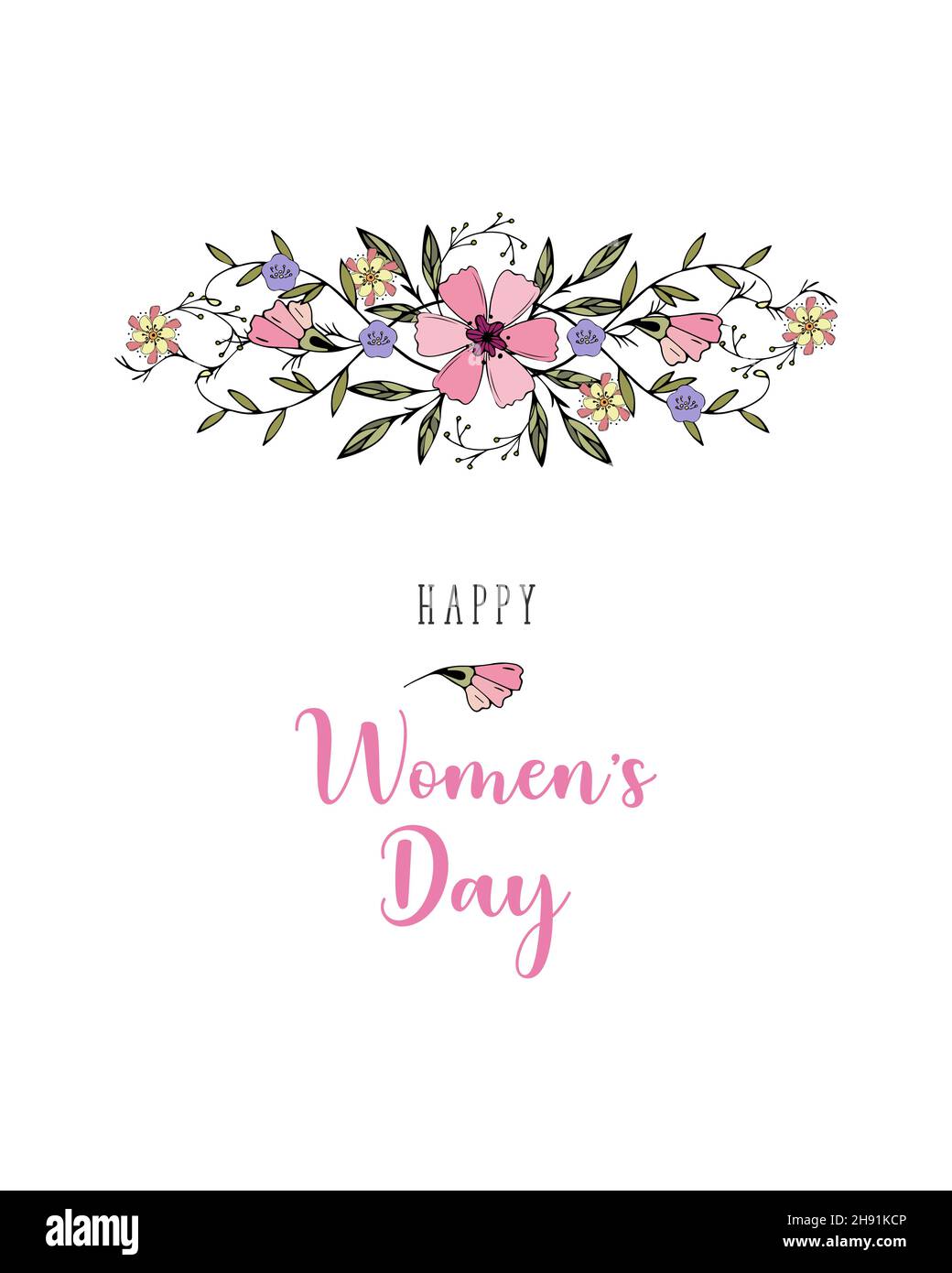 Happy Womens Day 8 mars carte de vœux avec inscription, coeur, amour, passion, amoureux.Fleurs de Dudling dessin à la main, sur un fond blanc.Illustration vectorielle Illustration de Vecteur
