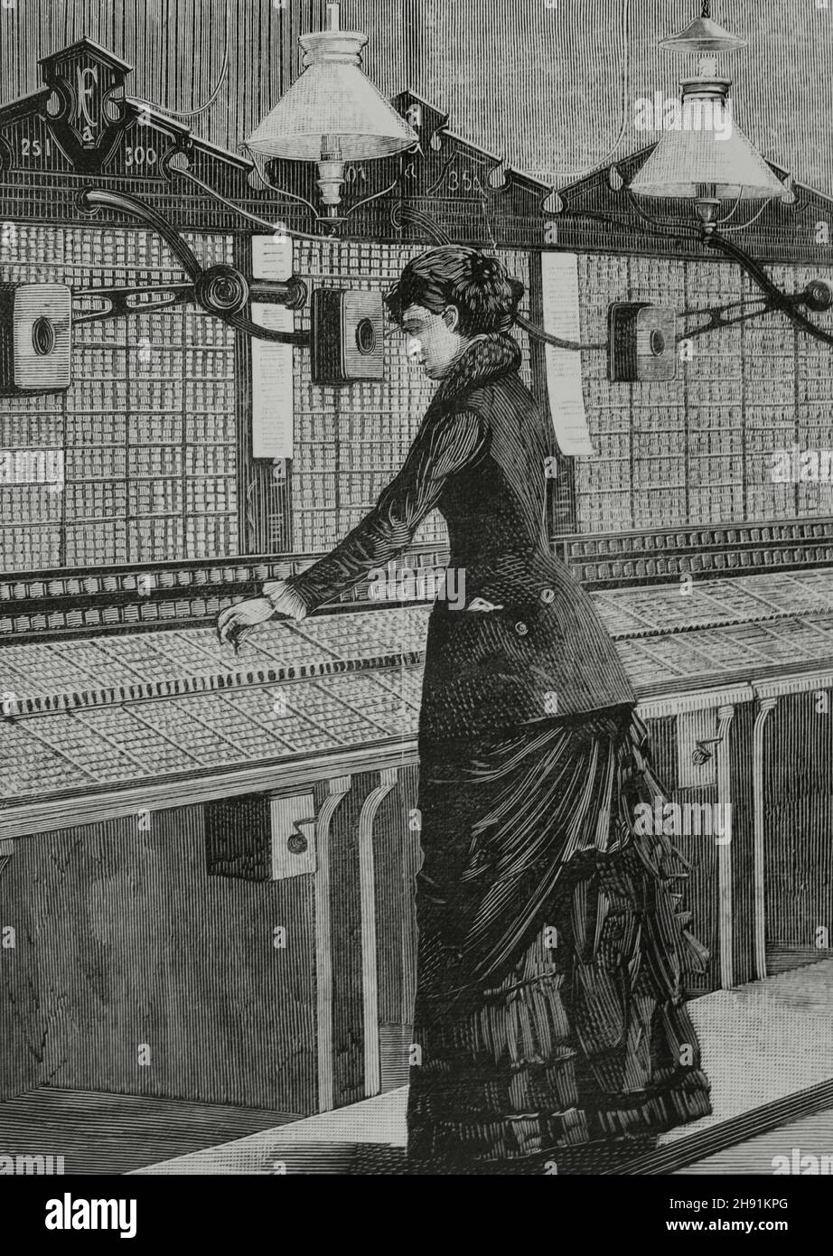 Italie, Milan.Bureau de change de téléphone, appelé « salle de réunion », avec des femmes.Gravure.Détails.La Ilustración Española y Americana, 1882. Banque D'Images