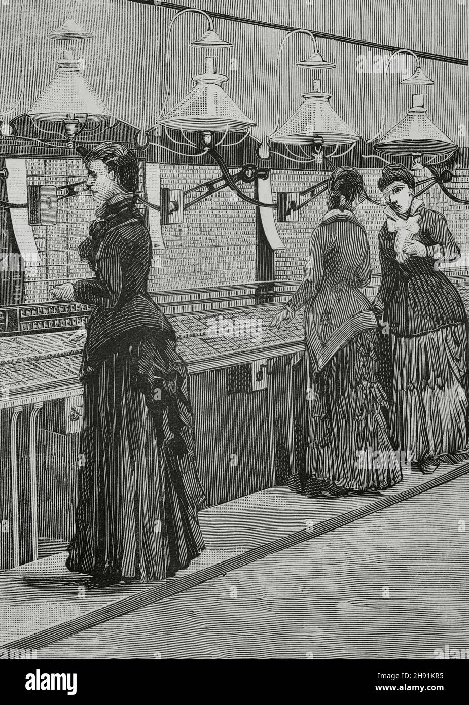 Italie, Milan.Bureau de change de téléphone, appelé « salle de réunion », avec des femmes.Gravure.La Ilustración Española y Americana, 1882. Banque D'Images
