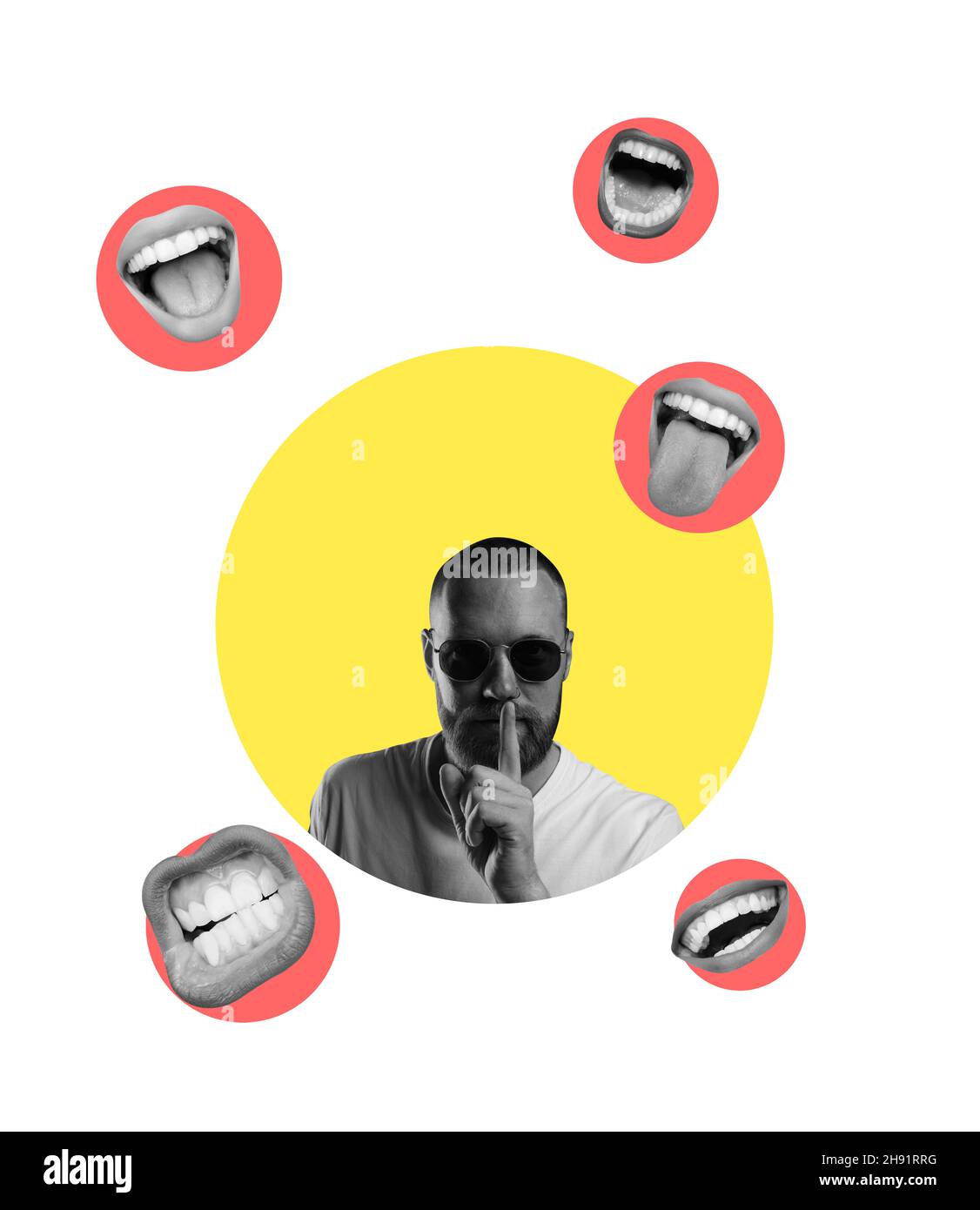 Parler des gossips.répandre des nouvelles.Colalge d'art contemporain d'homme en lunettes de soleil isolé sur cercle jaune sur bakground blanc.Des bouches de femmes autour Banque D'Images