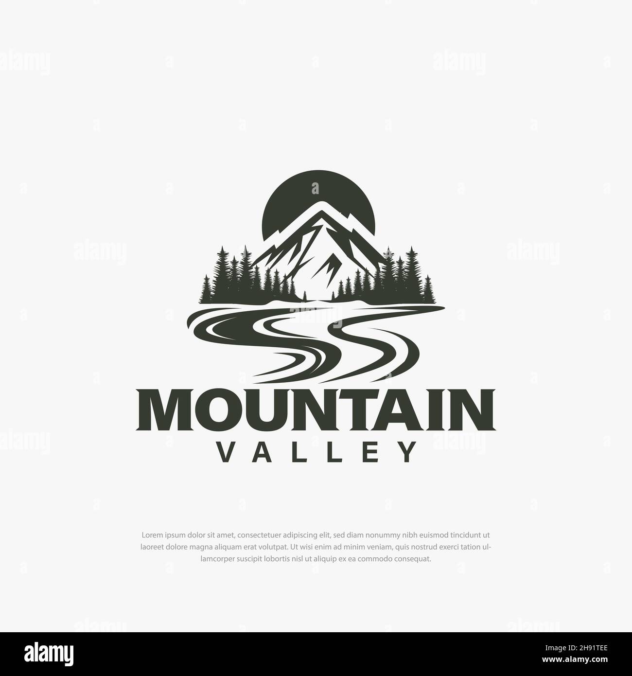 Conception simple de logo sommets et vallées de montagne, rivières, modèles d'arbres, illustrations de logo de montagne Illustration de Vecteur