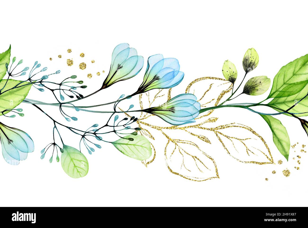 Bordure fleurie sans couture  abstrait avec fleurs bleues et  branches dorées à  botanique dessinée à la main pour  le ressort Photo Stock - Alamy