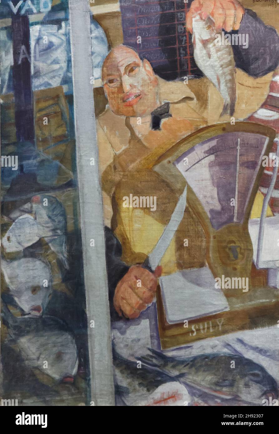 Peinture de 'Fishmonger' par le peintre moderniste hongrois Gyula Derkovits (1930) sur displаy dans le Hungаrian Nаtional Gаllery (Mаgyar Nendremzeti Gаleria) à Budаpest, Hungаry. Banque D'Images