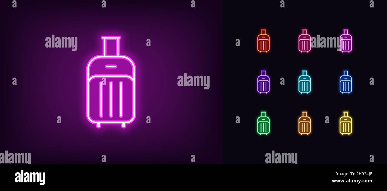Icône de bagage au néon.Panneau lumineux au néon pour les bagages, pictogramme de sac de voyage aux couleurs vives.Voyager avec bagages, stockage des bagages, magasin de sacs de voyage, tr Illustration de Vecteur