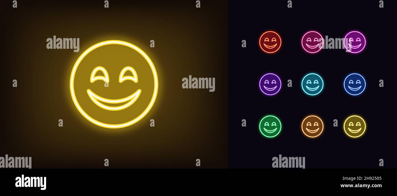 Contour de l'icône Emoji néon.Néon lumineux signe emoji mignon, émoticône smiley pictogramme dans des couleurs vives.Silhouette drôle d'émoticône, visage heureux, émotion heureuse Illustration de Vecteur