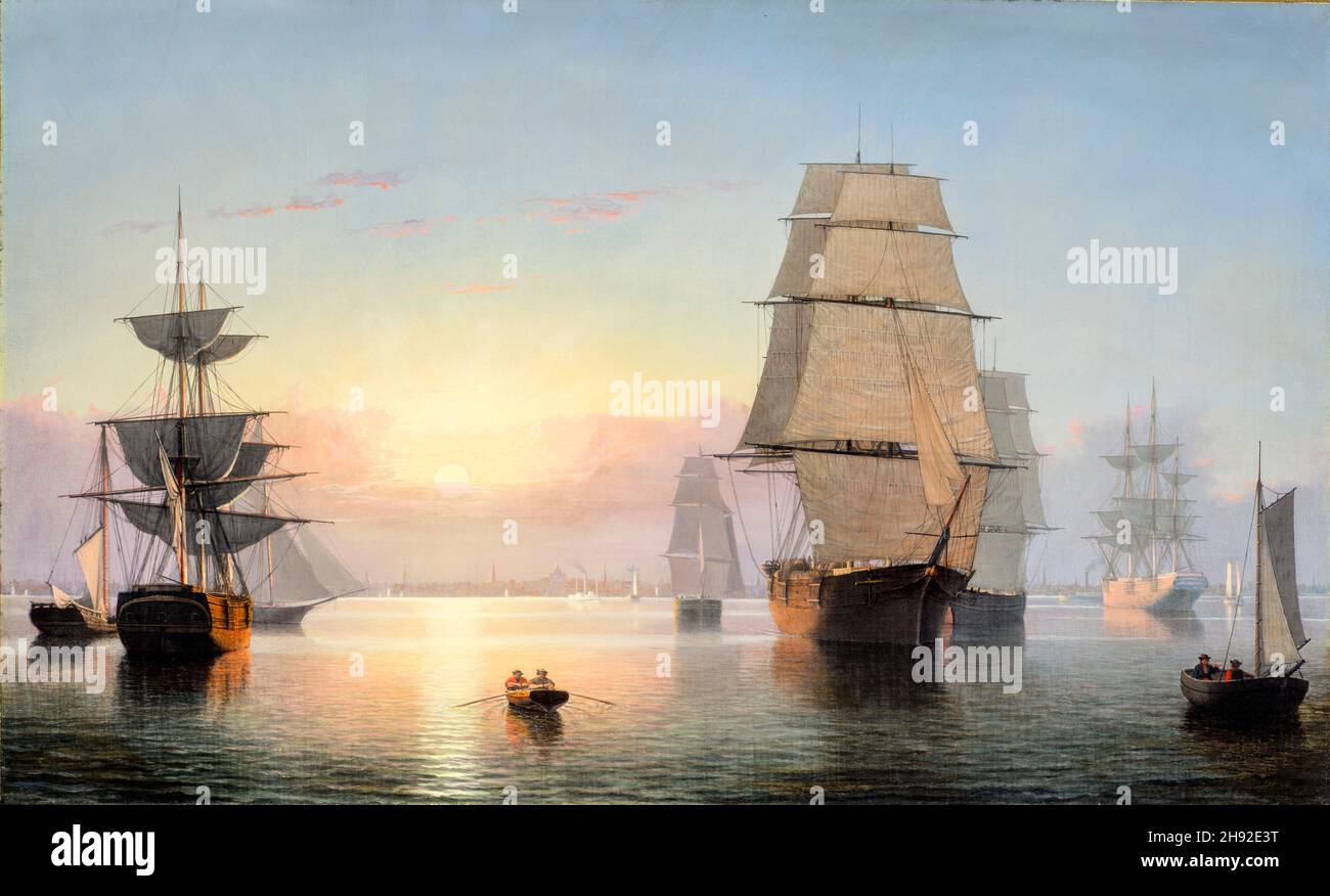 Port de Boston, coucher de soleil par Fitz Henry Lane (1804-1865), huile sur toile, c.1850-55 Banque D'Images