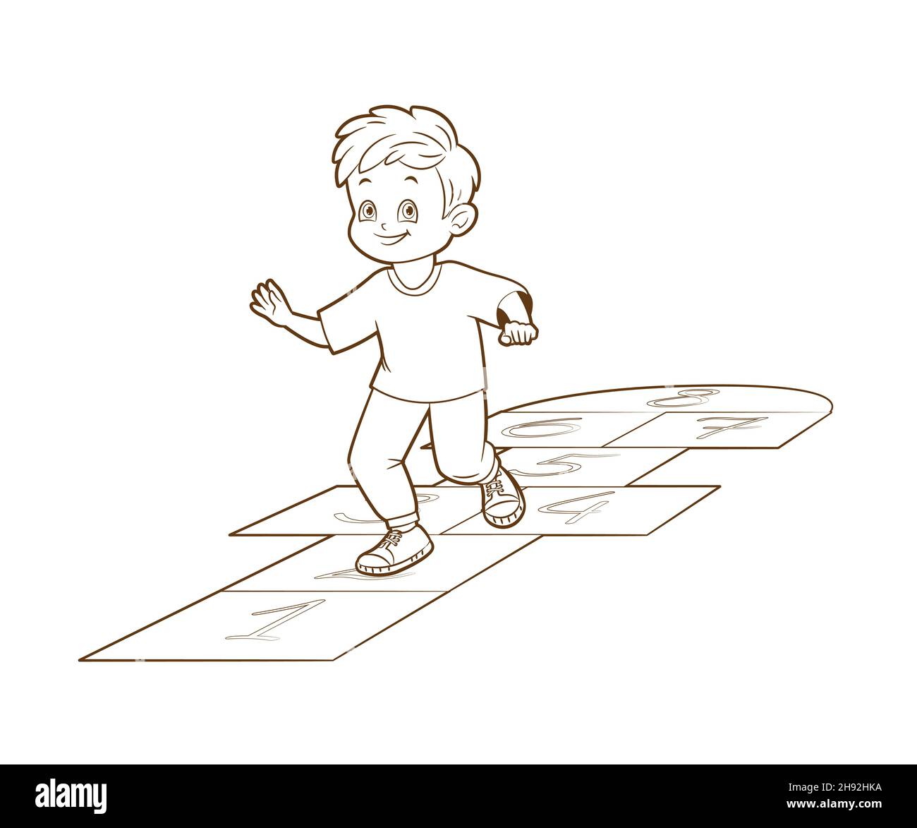 Le garçon jouant Hopskotch, saute sur une jambe tandis que .Livre de coloriage.Illustration vectorielle , style de dessin animé, dessin au trait noir et blanc Illustration de Vecteur
