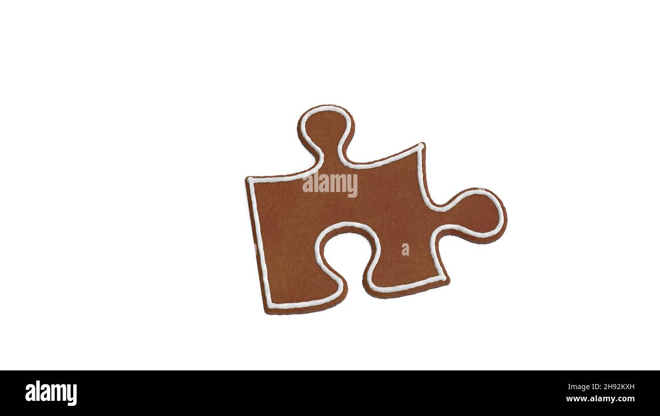 rendu 3d de biscuit de pain d'épice en forme de symbole de pièce de puzzle isolée sur fond blanc avec glaçage blanc Banque D'Images