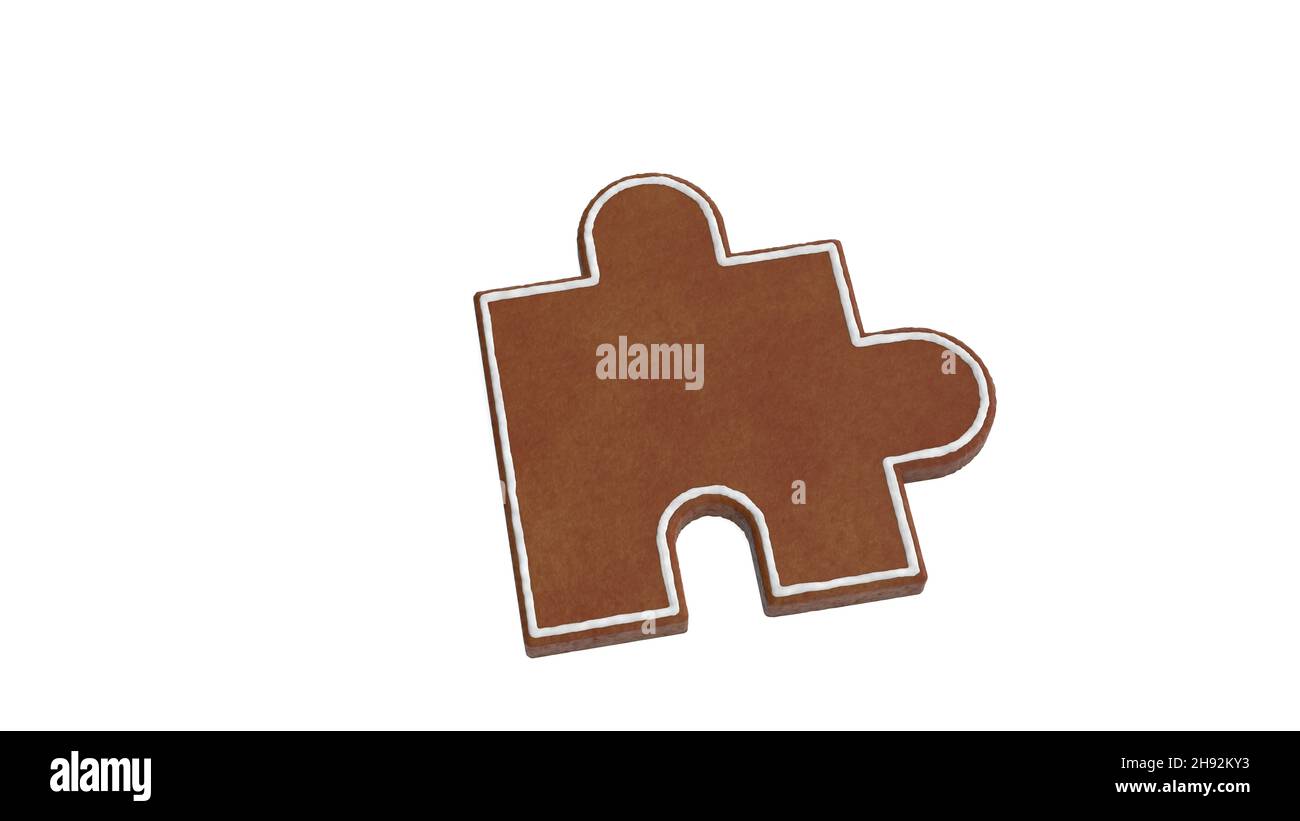 rendu 3d de biscuit de pain d'épice en forme de symbole de pièce de puzzle isolée sur fond blanc avec glaçage blanc Banque D'Images