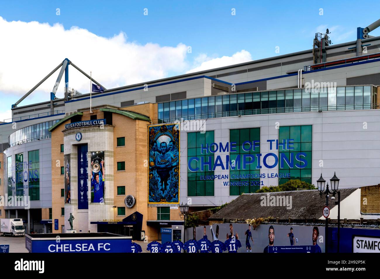 Terrain de football de Stamford Bridge, stade du Chelsea football Club, Londres, Royaume-Uni. Banque D'Images