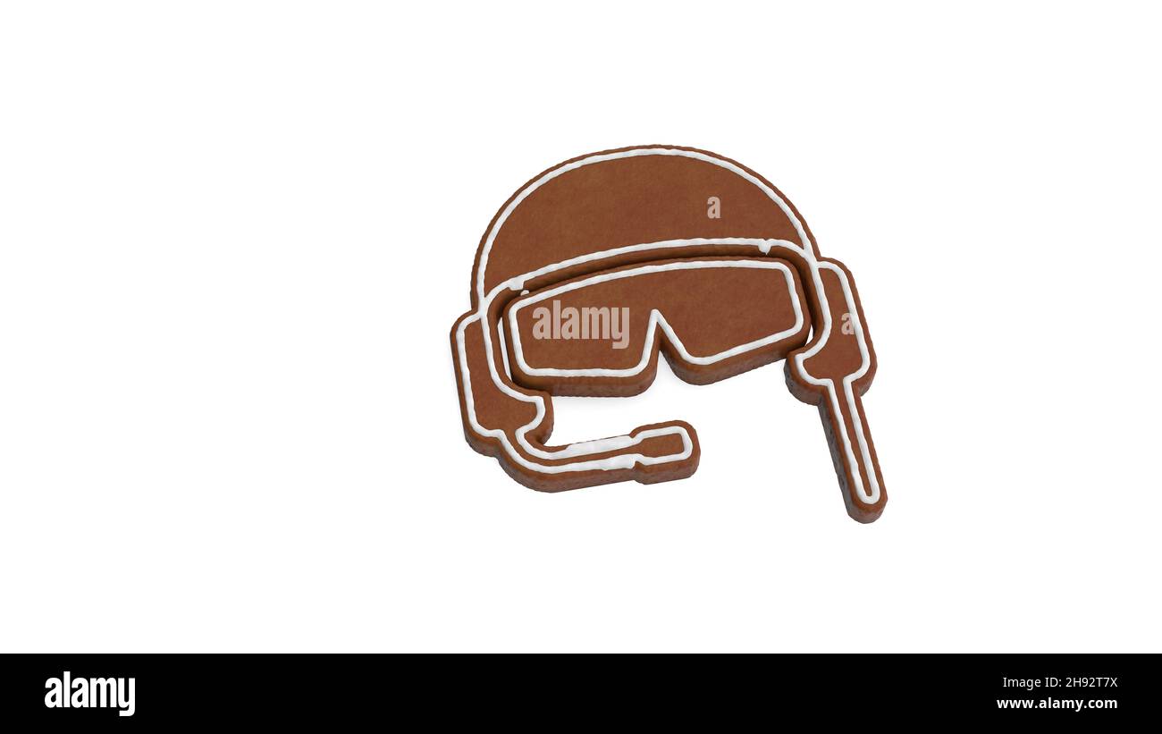 rendu 3d de biscuit au pain d'épice en forme de symbole de casque pilote, de lunettes et de casque isolé sur fond blanc avec glaçage blanc Banque D'Images