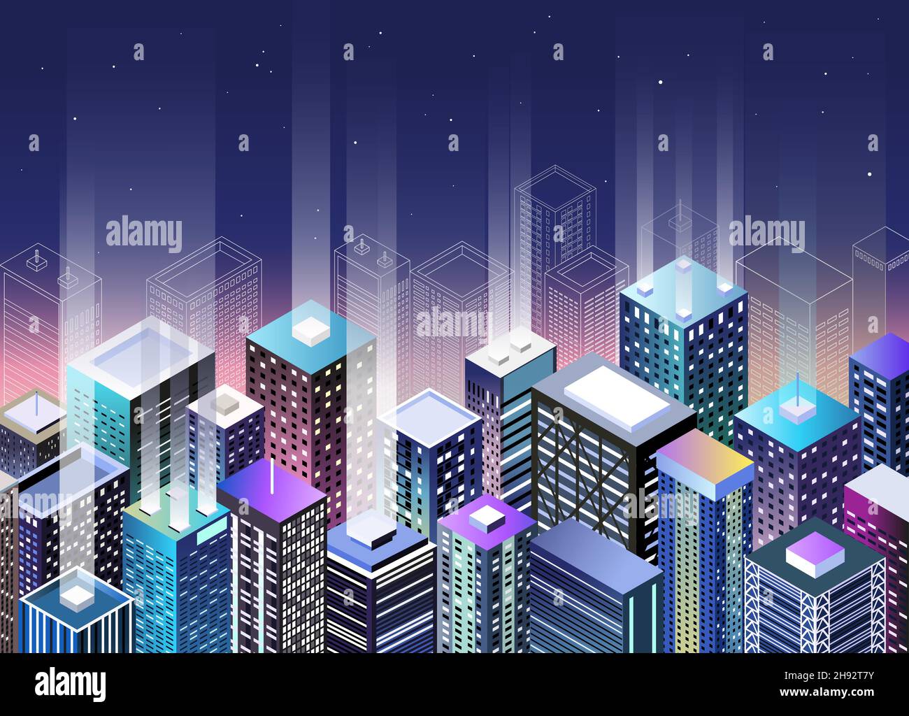 illustration vectorielle isométrique de ville de nuit.Gratte-ciel étincelant de lumières au néon Illustration de Vecteur