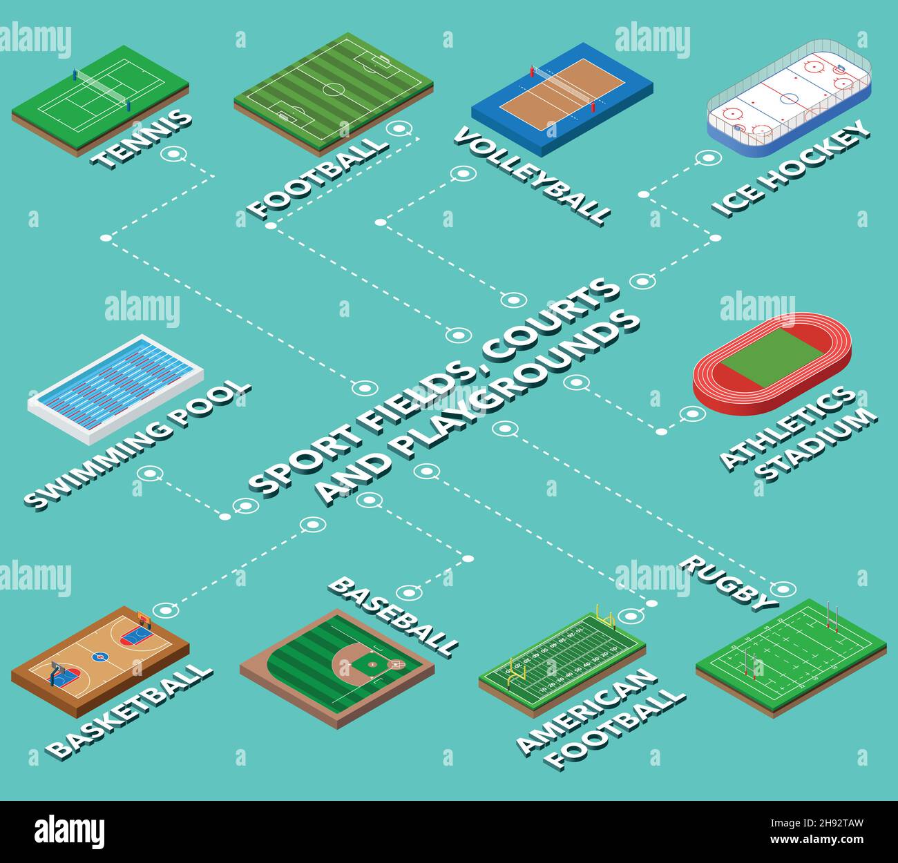 Terrains de sport, terrains de jeux et terrains de jeu Isomistric illustrations vector set Illustration de Vecteur