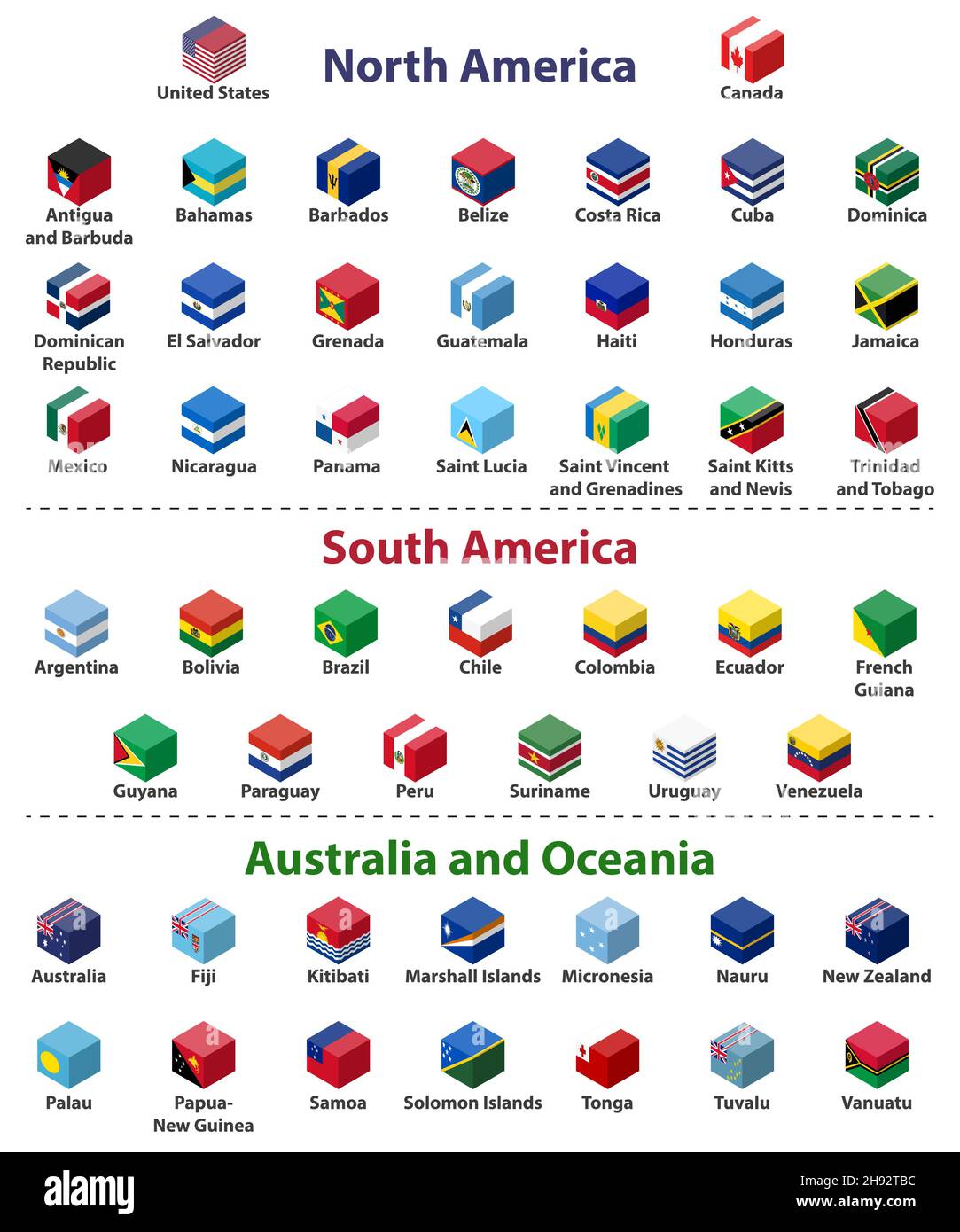 Amérique du Nord, Amérique du Sud, Australie et Océanie tous les pays drapeaux dans le cube isométrique conception vecteur ensemble Illustration de Vecteur