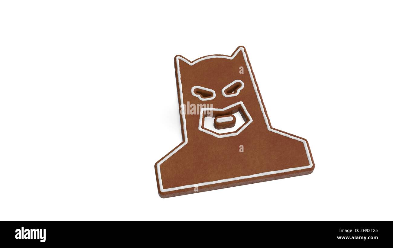 rendu 3d de biscuit de pain d'épice en forme de symbole du super-héros batman isolé sur fond blanc avec glaçage blanc Banque D'Images