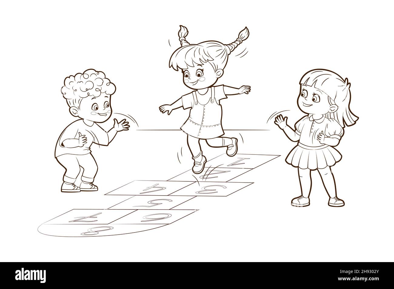 Livre de coloriage deux filles et un garçon sautent à jouer le hopscotch.Illustration vectorielle de style dessin animé, lignes noires et blanches Illustration de Vecteur