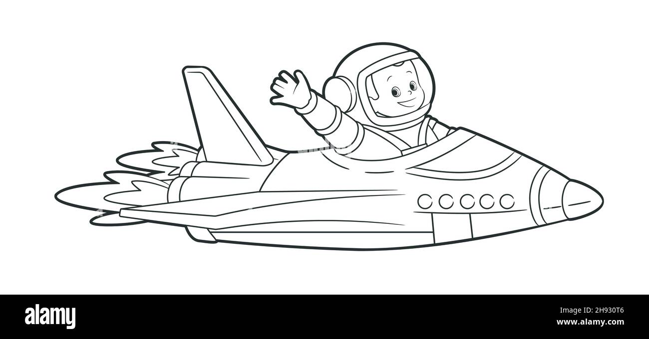 Livre de coloriage : un astronaute vole sur une navette entre les planètes et fait son salut avec sa main.Illustration vectorielle , style de dessin animé, noir et blanc Illustration de Vecteur