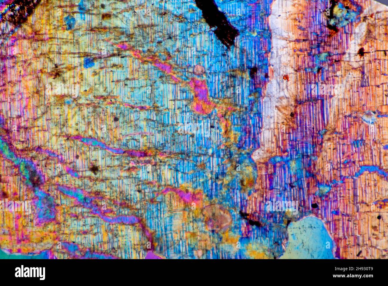 Minerai de feldspath, section mince vue avec éclairage polarisé.Les feldspaths constituent environ 60 % de la croûte terrestre Banque D'Images