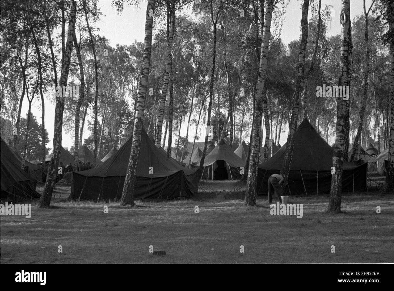 Gniezno, 1947-05-27.Pierwszy ogólnopolski zlot junaków Przysposobienia Rolniczo-Wojskowego (PRW) W GnieŸnie.NZ. Namioty na terenie obozu PRW. ps/ms PAPGniezno, 27 mai 1947.Le premier congrès national des jeunes agriculteurs à Gniezno.Photo : les tentes dans le camp. ps/ms PAP Banque D'Images