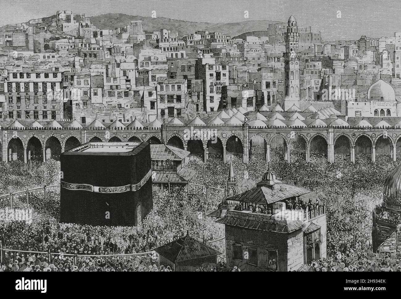 Arabie saoudite, la Mecque.Vue générale sur la ville.Au centre de la mosquée al-Masjid al-Haram, la Kaaba, qui abrite la Pierre noire.Gravure.Détails.La Ilustración Española y Americana, 1882. Banque D'Images
