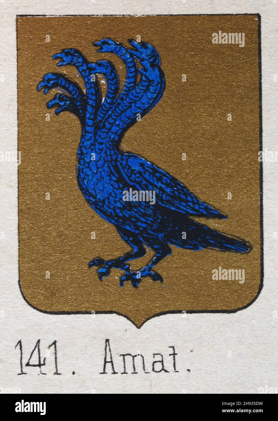 Amat heraldry, illustration d'une blason, Hydra bleue sur un bouclier doré, symboles héraldique Banque D'Images