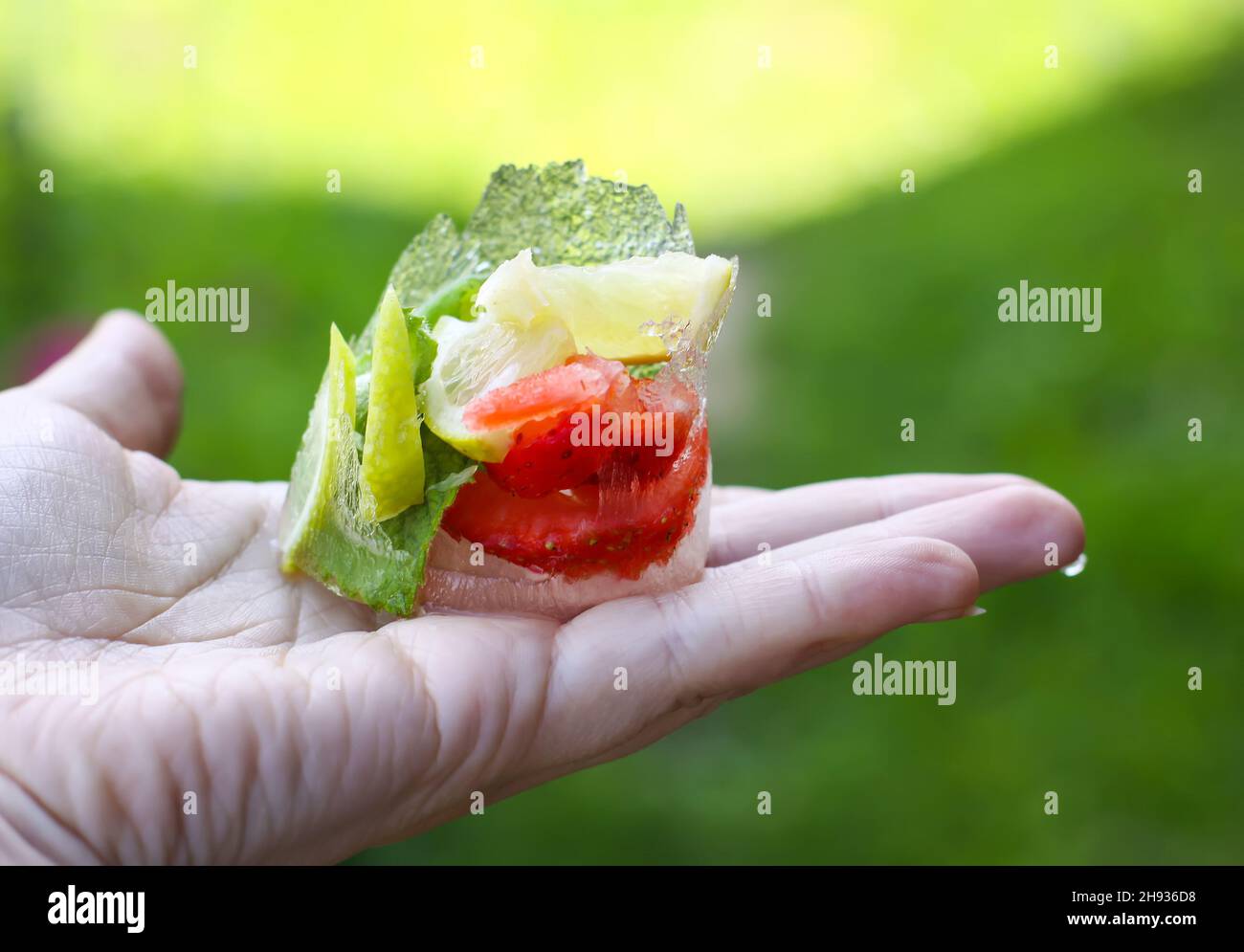 Faire fondre le cube de glace avec des feuilles de fraise, de citron et de menthe verte fraîche dans une main Banque D'Images