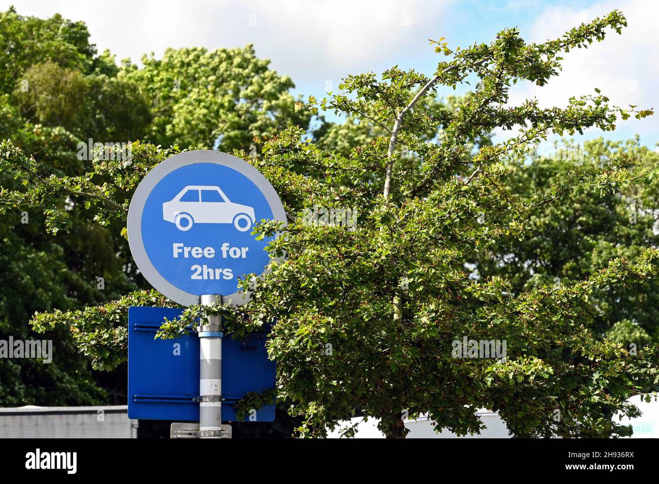 Panneau rond avec symbole de voiture montrant un parking gratuit pendant 24 heures.Personne. Banque D'Images