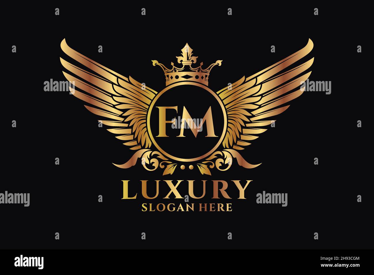 Luxury Royal WiNG lettre FM Crest couleur or logo Vector, logo Victory, logo Crest, logo WiNG, logo Vector . Illustration de Vecteur