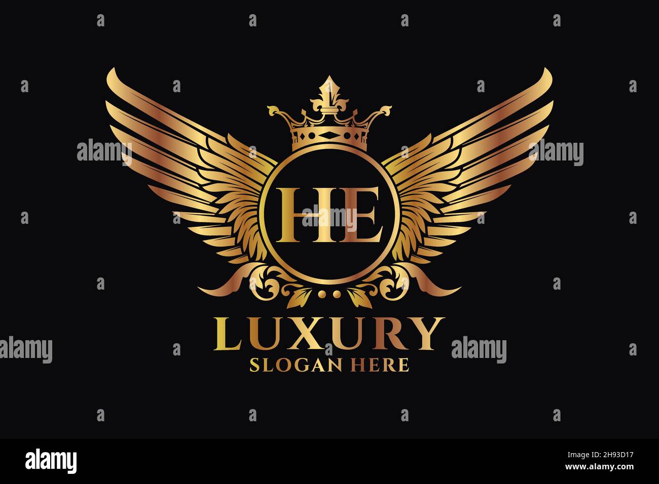 Aile royale de luxe lettre HE Crest couleur or logo Vector, logo Victory, logo Crest, logo WiNG, logo Vector . Illustration de Vecteur