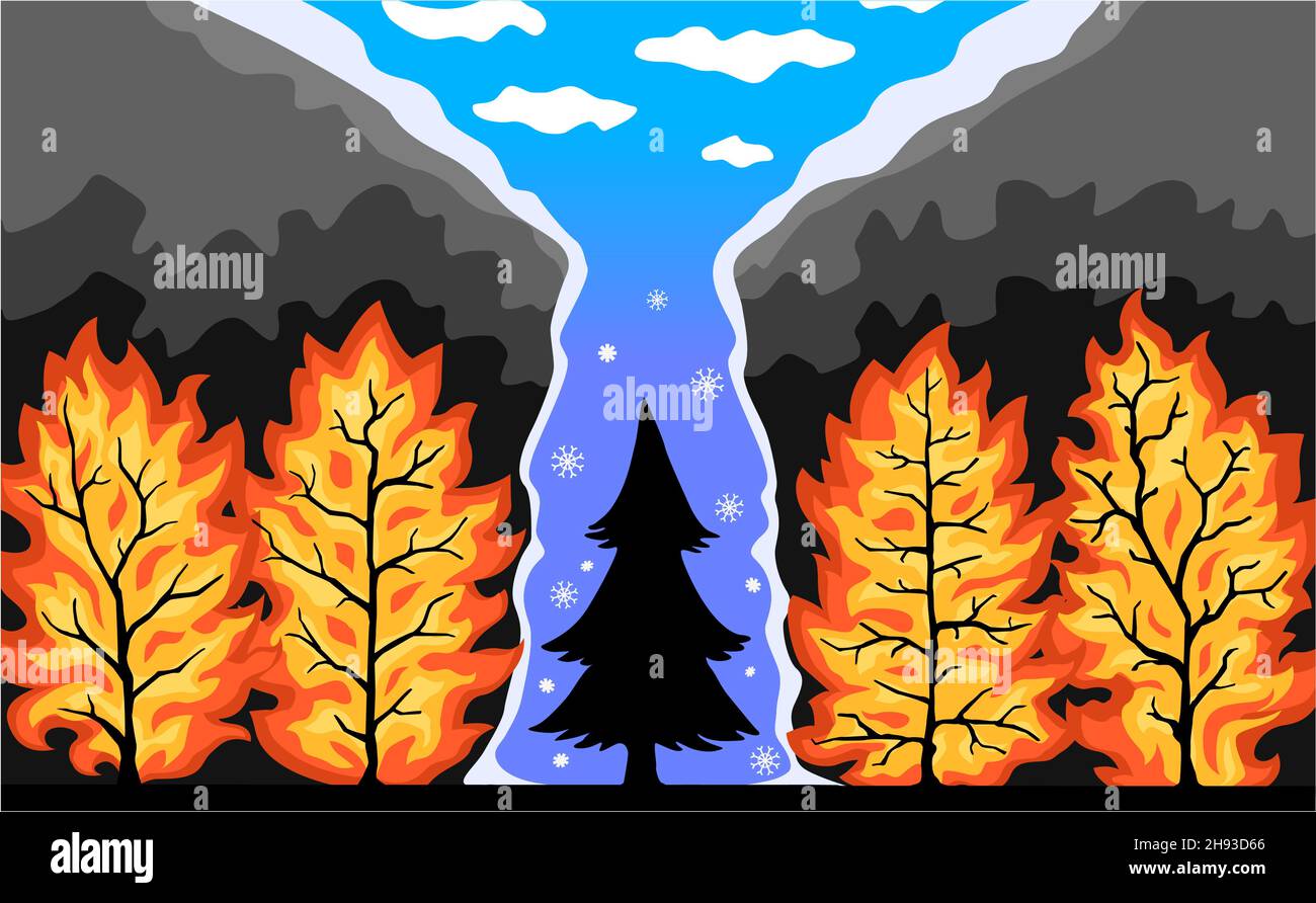 Feu de forêt arbre d'hiver unique non blessé, dessin animé vecteur de couleur, horizontal Illustration de Vecteur