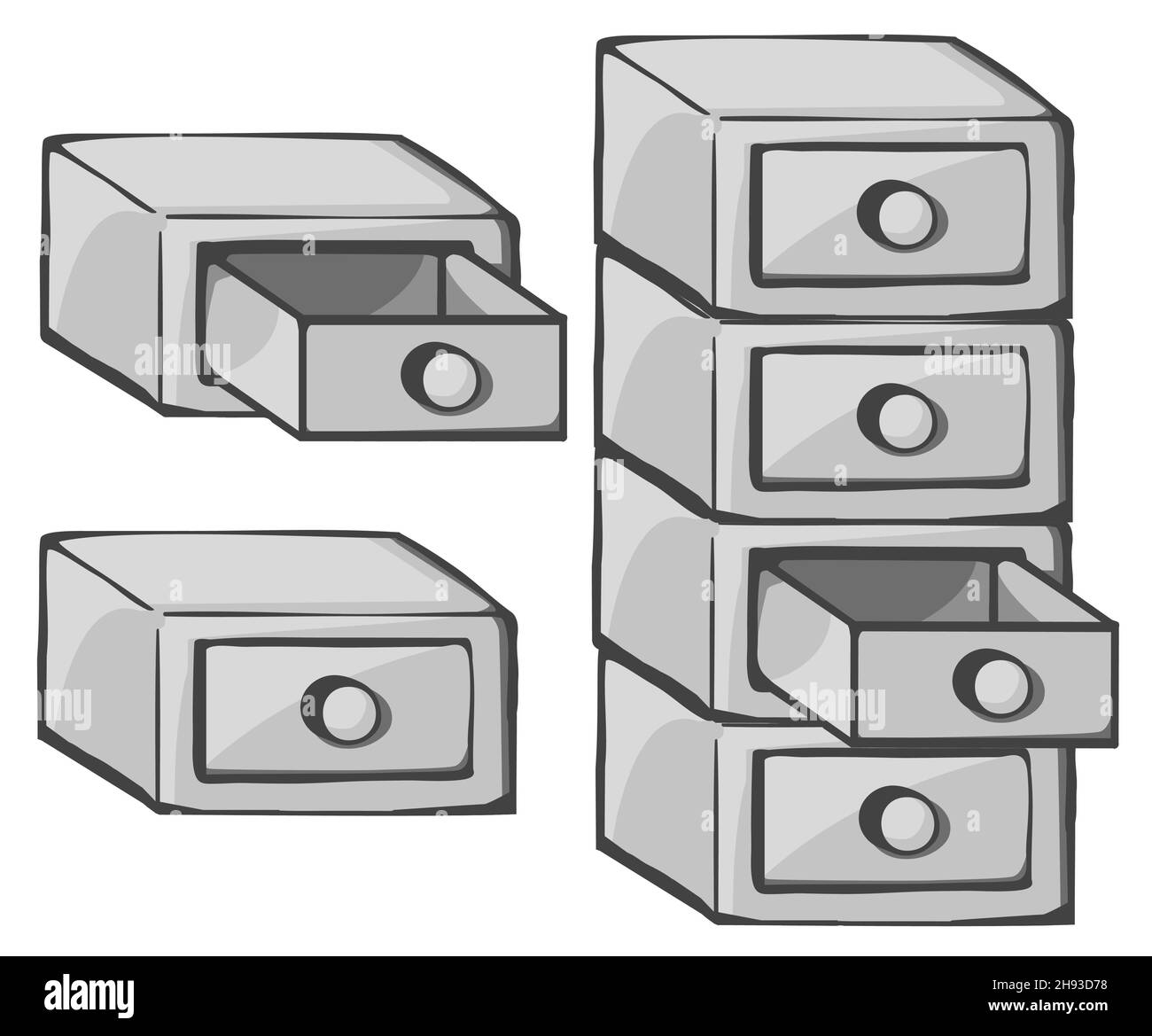 Tiroirs boîte compartiment pile d'icônes sélection d'ensemble, illustration vectorielle de couleur éléments design, horizontal, sur blanc, isolé Illustration de Vecteur