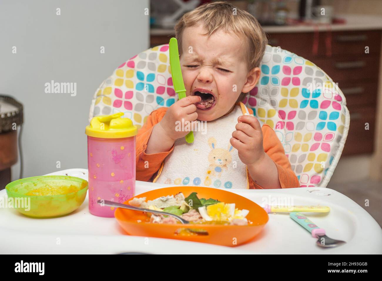 Une jeune fille de 2 ans grimace et pleure alors qu'elle mange un repas sur une chaise haute. Banque D'Images