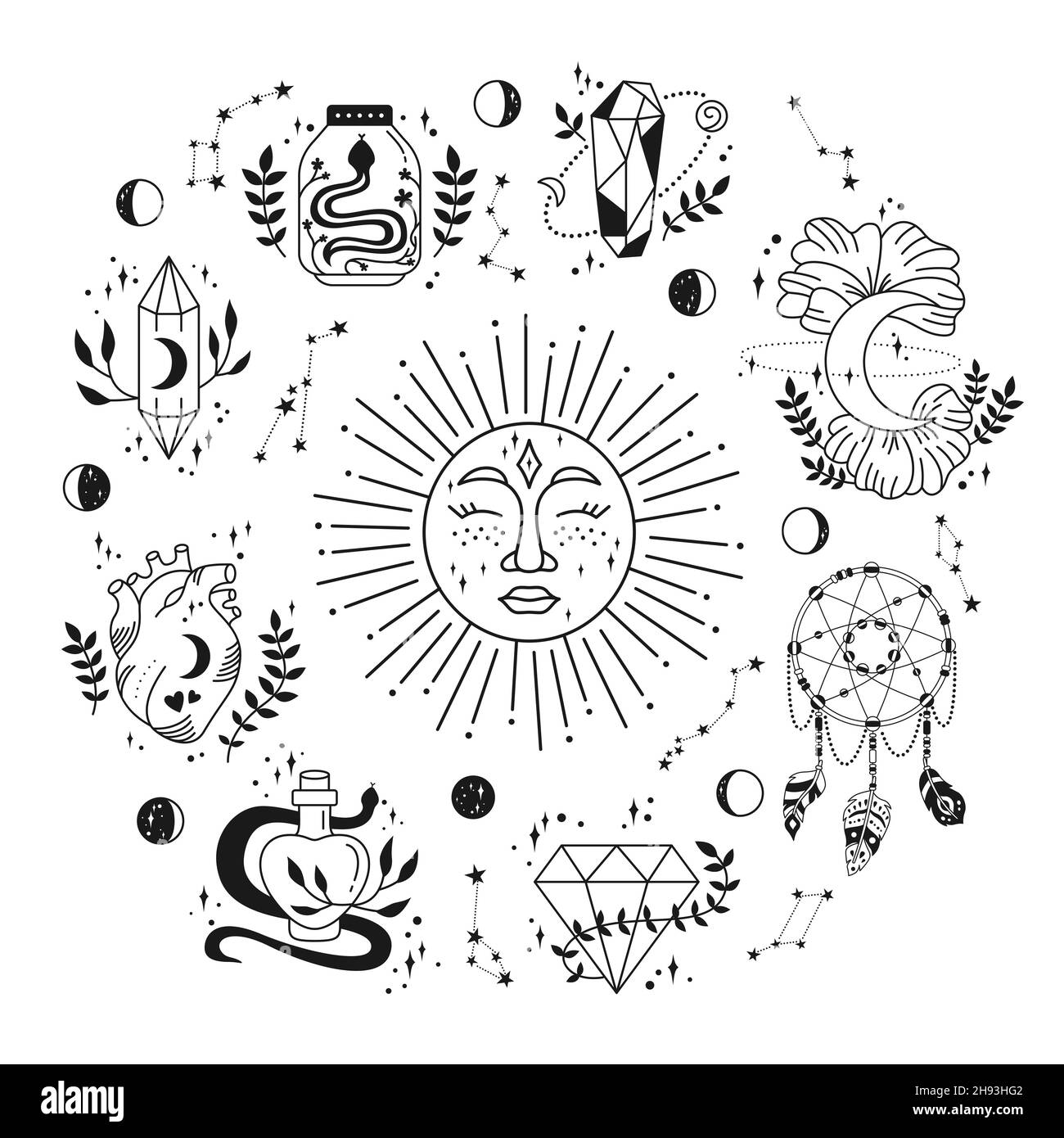 Mystique et astrologie, magie sorcière symboles occultes autour du soleil.Boho d'ésotérique, éléments dessinés à la main, cristal de sorcellerie magique, icône de lune et d'étoile.Pour tatouage imprimer fantaisie vecteur de signe magicien Illustration de Vecteur