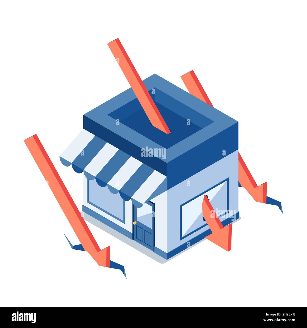 Plat 3d Isométrique rouge chute flèche perçage par le magasin.Crise d'affaires et faillite concept. Illustration de Vecteur