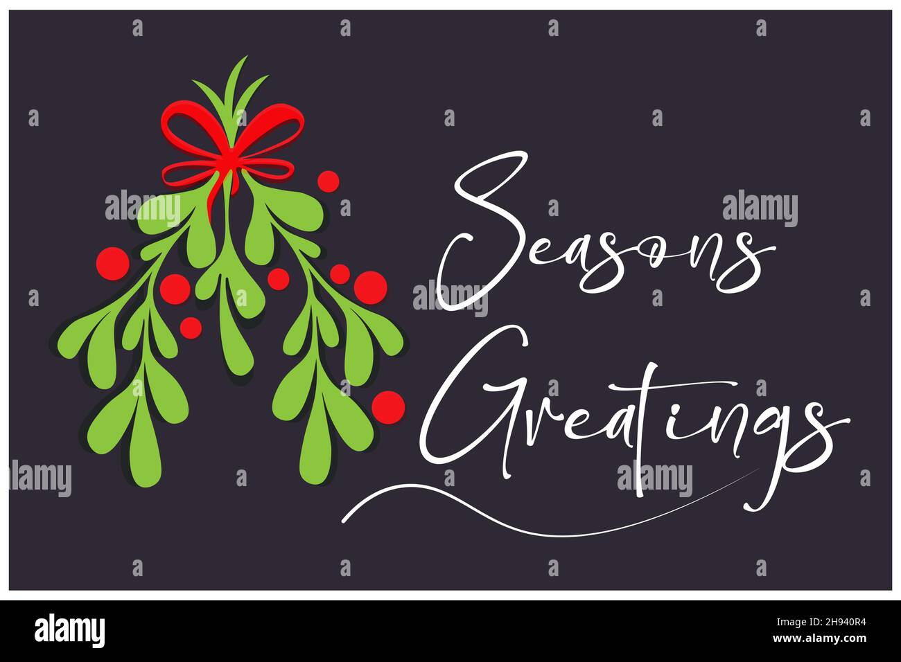 Seasons Greetings calligraphie blanche sur un fond sombre de fête avec bouquet de houx festif et neige.Idéal pour les cartes de vacances, bannières, etc. - Vector EPS Illustration de Vecteur