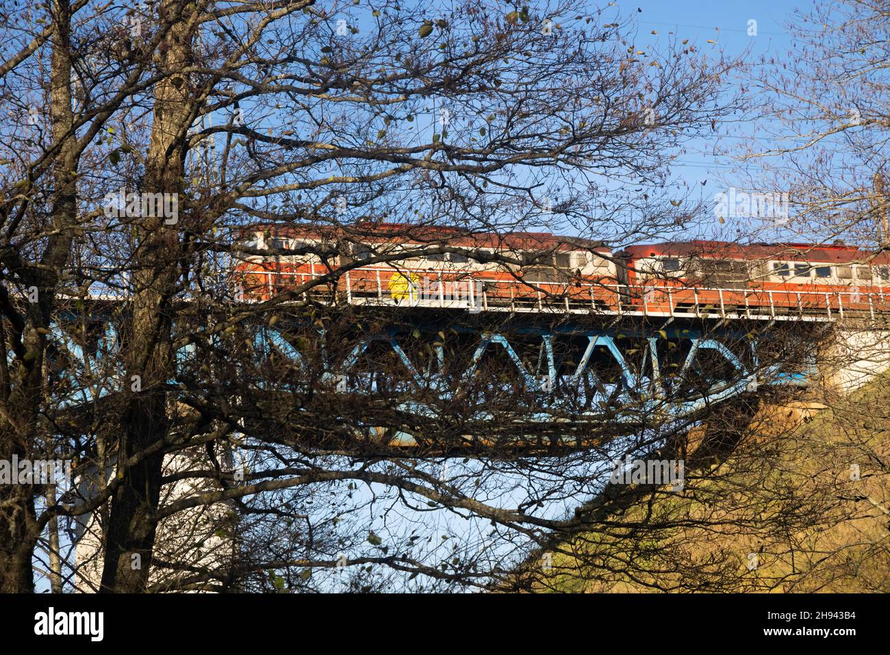 Train rouge traversant le pont un jour d'automne ensoleillé. Banque D'Images