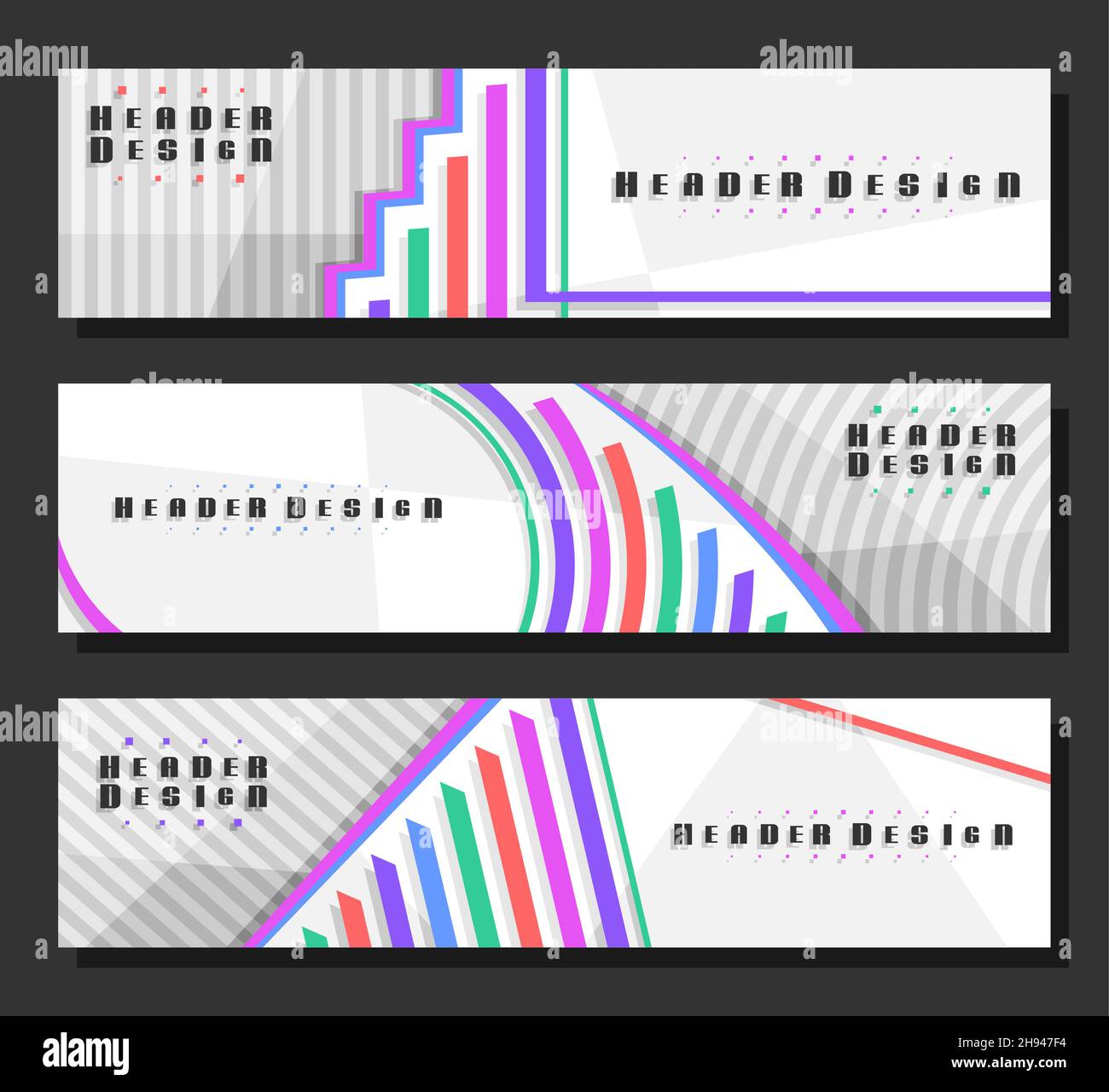 Ensemble d'en-têtes vectoriels, 3 mises en page colorées avec courbes décoratives de conception avec espace de copie pour le texte publicitaire, modèles d'en-tête créatifs pour la publicité, horizonta Illustration de Vecteur