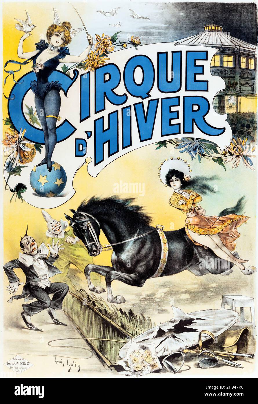 LOUIS GALICE (français, 1771-1930).Cirque d'hiver.Affiche de cirque vintage feat une dame sur un cheval craquant un clown. Banque D'Images