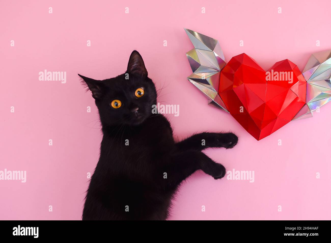 Coeur en papier polygonal rouge avec ailes.Un chat noir sur fond rose. Banque D'Images