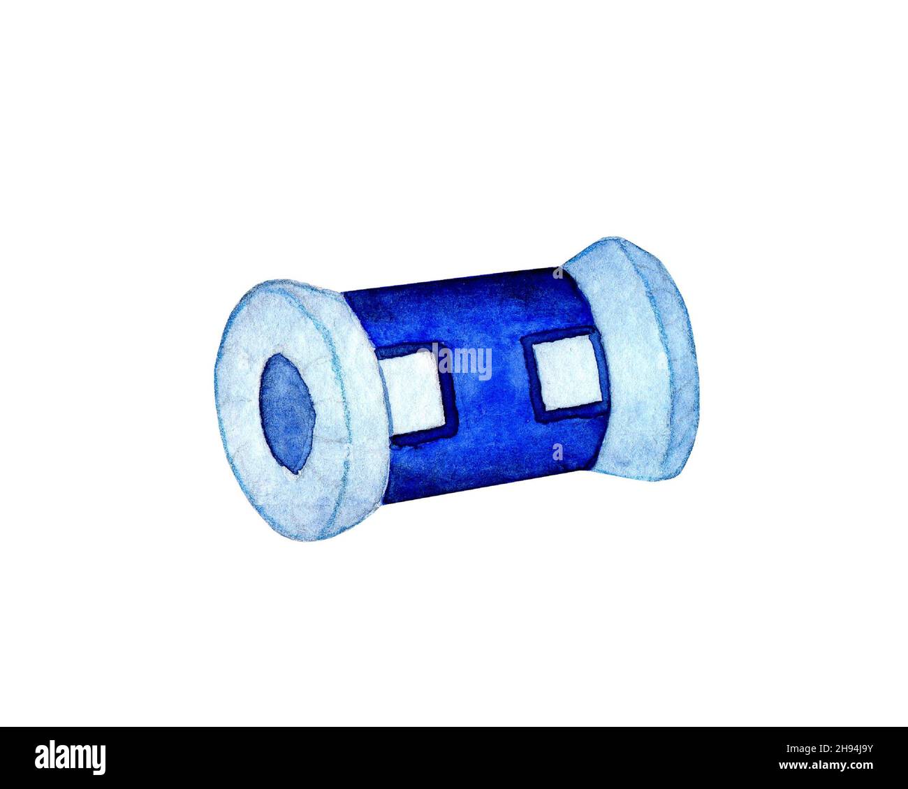 Illustration aquarelle d'un outil de couture bleu.Compteur de rangées.Dispositif de stockage, de comptage des rangées et des points.Tricotage, travaux d'aiguille, outils.Isolé sur Banque D'Images