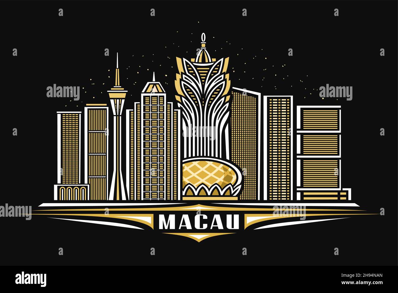 Illustration vectorielle de Macao, affiche horizontale sombre avec design linéaire célèbre paysage de la ville de macao sur fond de ciel étoilé au crépuscule, art urbain asiatique co Illustration de Vecteur