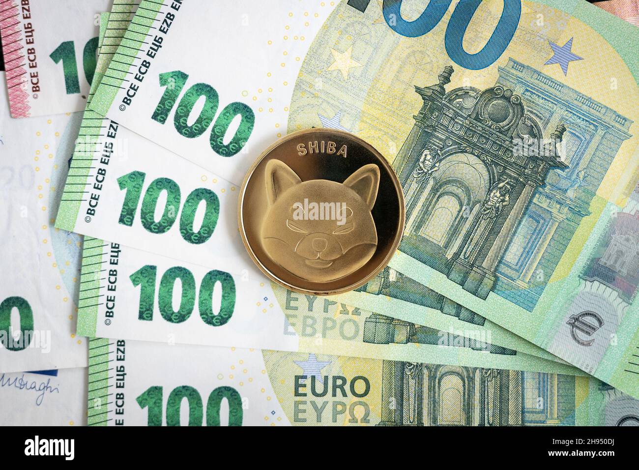 Pièce physique Shiba Inu qui s'élève au-dessus des factures de 100 euros. Banque D'Images