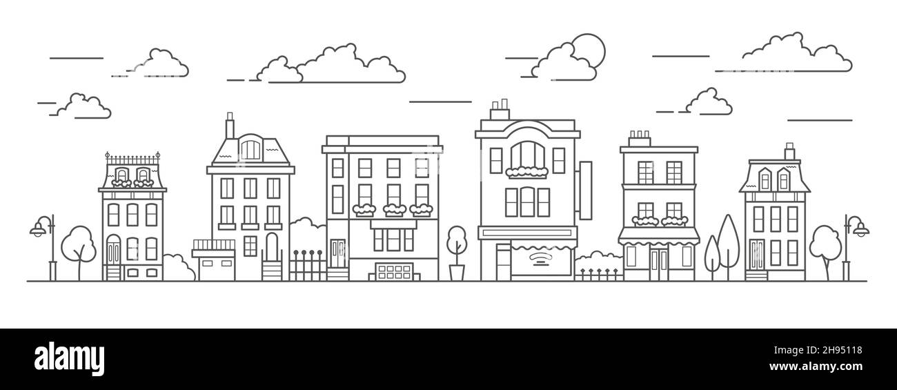 Paysage dans le style des arts de la ligne.Délimiter la rue avec maisons, bâtiment, arbre et nuages.Café, pharmacie, hôtel et arrêt de bus.Vecteur Illustration de Vecteur