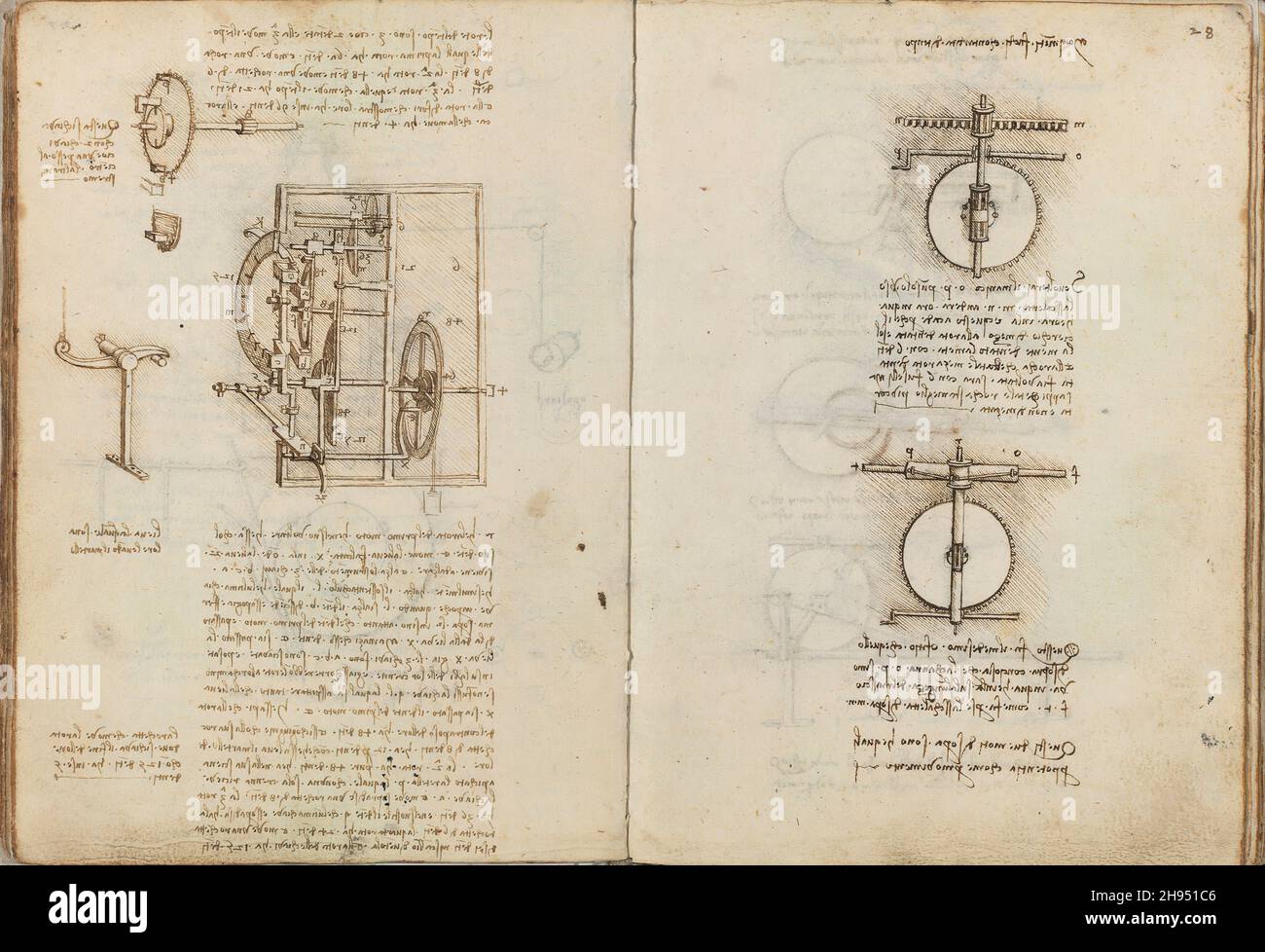 Folios f 27v-28r.Codex Madrid I (Mme8937) 'Traité de statique et de mécanique', 192 folios de 384 pages.Format interne : 215 x 145 mm.MÉCANIQUE APPLIQUÉE (COMPOSANTS).PRINCIPES DE MÉCANIQUE, DE CINÉMATIQUE, DE DYNAMIQUE.MÉCANIQUE APPLIQUÉE (MACHINES ET WITS).MUSÉE : BIBLIOTECA NACIONAL DE ESPAÑA, MADRID.AUTEUR: LEONARDO DA VINCI. Banque D'Images