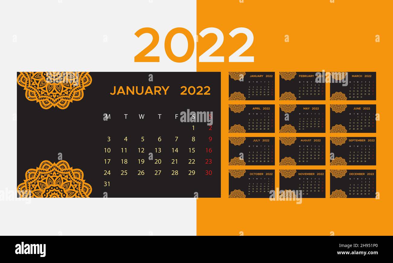 2022 Calendrier.Calandrage simple de couleur orange et sombre. Illustration de Vecteur